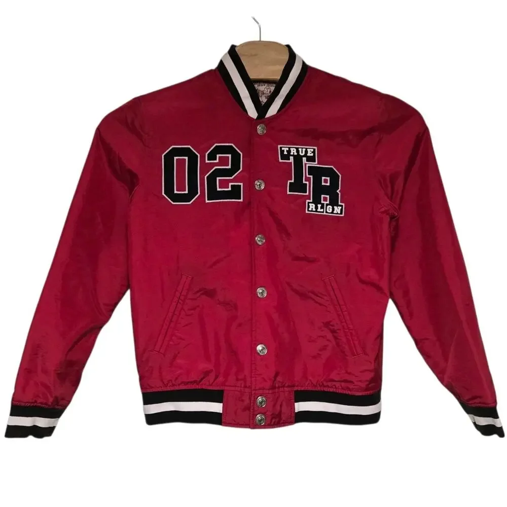 True Religion Bomber Snap Button Varsity Jacket Black Red Size Medium EUC - Picture 2 of 11